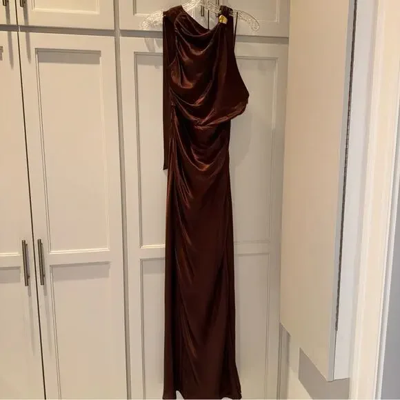 NICHOLAS Galilea High Neck Gold Trim Maxi Dress Espresso 6 - Picture 7 of 16